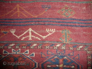 Early tekke main carpet  fragment (cut and shut at top, missing 1 row of guls)with a rare elem, fantastic fine wool and colors including ruby red highlights and very fine weave.  ...