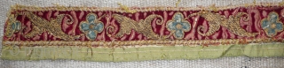 textile border fragment, silk and gold thread embroidery on velvet, france 17th c.                    