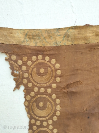 central asian chain stiched bow cover fragment, southern east turkestan, southern silk road area depicting an ancient central Asian cultures moon and sun design. for a related example please see the "cotsen  ...