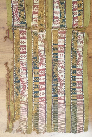 large and impressive fragment of a precolombian chiribaya mantle with multi-eyed snakes on blue and white panels.it is made of 3 fragments sewn together. one half with the multicolored side has both  ...