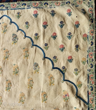 beautiful uncommon  small sized mughal style prayer textile , silk embroidery on cotton. persia , india or central asia? possibly 18th century. approx. 56x 62cm. as shown has stains, holes etc..  ...