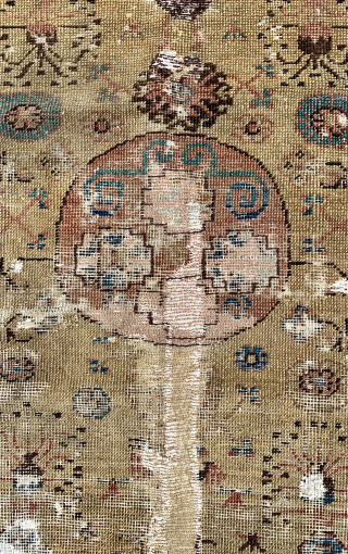 Rare, small  18th c. Yellow gold Khotan rug. 2'-8" x 5'-11". Damaged with old faded repair but still beautiful. Has a "gravitas" that only the best have. Look at the border.  ...
