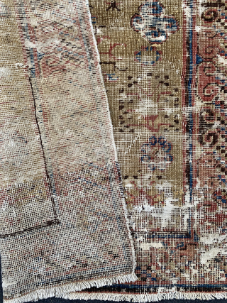 Rare, small  18th c. Yellow gold Khotan rug. 2'-8" x 5'-11". Damaged with old faded repair but still beautiful. Has a "gravitas" that only the best have. Look at the border.  ...