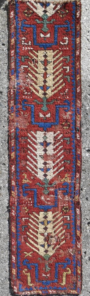 Early Kordi Khorassan rug frag. 13" x 54". The entire field of a narrow rug. Early 19th c. Very thin and fine. Email: patrickpouler@gmail.com         
