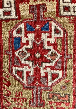 Aksaray area in Anatolia. Yastik. Circa 1850-70. 23" x 45". Decent condition. Missing lappets at top. Good silky pile. All original. A pretty rare example. Email: patrickpouler@gmail.com      