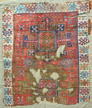 Circa 1800 East Anatolian Kurdish rug fragment. Conserved and mounted on linen. Good pile!                   