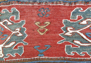 Very fine, bold Sumak bedding bag end panel, Qarabagh area, Central Transcaucasia, circa 1850-70. 22"x22". White is cotton. Only found two others published. John Wertime and Alberto Levi. All original. Email: Patrickpouler@gmail.com. 