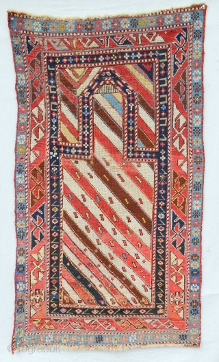 Small (29" x 52"), classic striped Caucasian Gendge prayer rug with silky wool. c. 1860-80. Good condition. Relatively fine weave.             