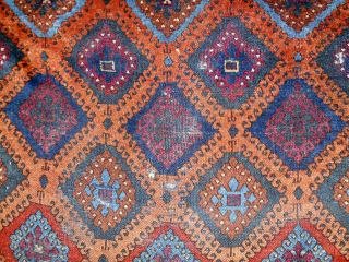 Early 19th c. Sarkisla rug. Another from the Jim Dixon collection. 50" x 80". Plenty of offset knotting. Good pile except for parts of the center. Blue wefting. Classic colors including natural  ...