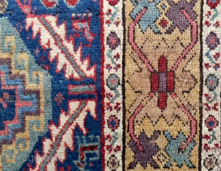 C. 1820-40 NWP Kurdish rug with a Memling gul and serrated leaf design. (39” x 95”) Mostly decent pile. 14 distinct colors including an old aubergine and true camel wool. Original kilim  ...