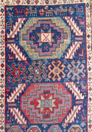 C. 1820-40 NWP Kurdish rug with a Memling gul and serrated leaf design. (39” x 95”) Mostly decent pile. 14 distinct colors including an old aubergine and true camel wool. Original kilim  ...