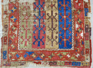 18th c. Anatolian Konya rug fragment. Rare striped design. Conserved and professionally mounted on linen. Decent pile with best old color. Please email: patrickpouler@gmail.com         