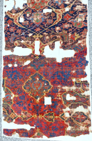 Early 17th c. Large Ushak carpet fragment. 115 x 265cm. Mounted expertly on linen. Best color and drawing. Could be 16th c.           