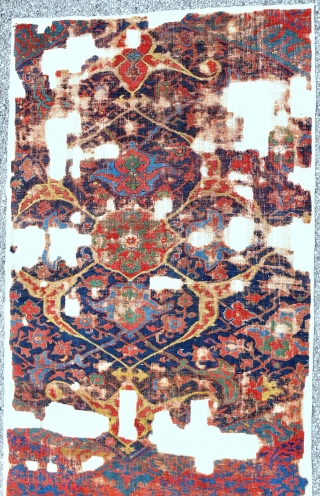 Early 17th c. Large Ushak carpet fragment. 115 x 265cm. Mounted expertly on linen. Best color and drawing. Could be 16th c.           