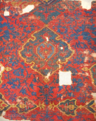 Early 17th c. Large Ushak carpet fragment. 115 x 265cm. Mounted expertly on linen. Best color and drawing. Could be 16th c.           