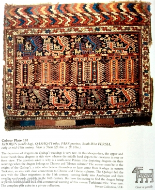 Dragons! Extremely rare and fine Qashqai Khorjin face (32"x 18") Early 19th c. (see "Tribal Rugs" by MacDonald, plate 103)             