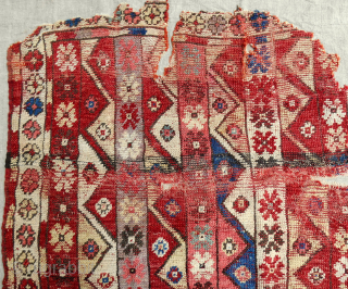 18th c. Anatolian Konya area rug. About 4.5  x 5.5ft. Good pile. Exceptional color! Mounted on linen. Email: patrickpouler@gmail.com             