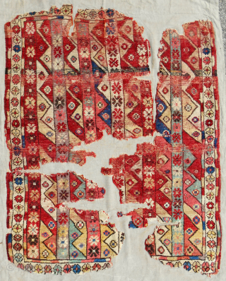18th c. Anatolian Konya area rug. About 4.5  x 5.5ft. Good pile. Exceptional color! Mounted on linen. Email: patrickpouler@gmail.com             