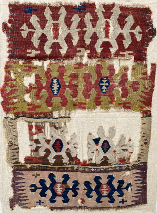Bold 18th c. Central Anatolian kilim panel fragment. (61x88cm). New to the market. Cleaned, conserved and professionally mounted on linen. Email: patrickpouler@gmail.com           