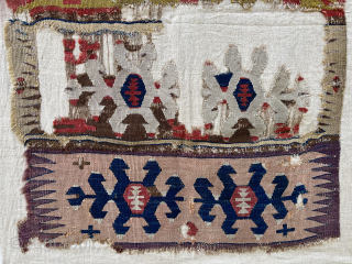Bold 18th c. Central Anatolian kilim panel fragment. (61x88cm). New to the market. Cleaned, conserved and professionally mounted on linen. Email: patrickpouler@gmail.com           