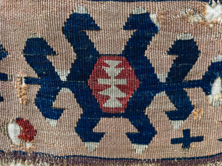 Bold 18th c. Central Anatolian kilim panel fragment. (61x88cm). New to the market. Cleaned, conserved and professionally mounted on linen. Email: patrickpouler@gmail.com           