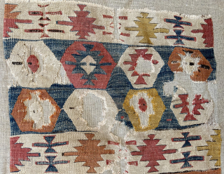 18th c. Central Anatolian kilim fragment. 25"x 52". Full panel width. Conserved and mounted on linen. New to the western market. Please email me: patrickpouler@gmail.com