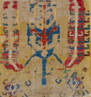 Extraordinarily rare 17-18th c. Central Anatolian rug fragment. Mounted on yellow linen. About 3.5 x 5.5ft.                 