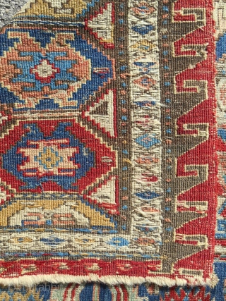 Extraordinary, early to mid 19th c. Caucasian Sumak rug. About 5 x 7ft. Exquisite color. Superb archaic drawing. A truly splendid, rare example. All original.        