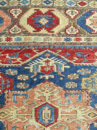 Extraordinary, early to mid 19th c. Caucasian Sumak rug. About 5 x 7ft. Exquisite color. Superb archaic drawing. A truly splendid, rare example. All original.        