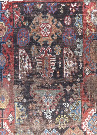 Whimsical and unique Qashqai Shekarlu rug. Circa 1850-70. Small 38" x 62". Terrific color. Email: patrickpouler@gmail.com                 
