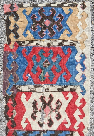 18th c. Central Anatolian kilim fragment. 15”x 48”. Fine weave with outlining. Exceptional color.                   