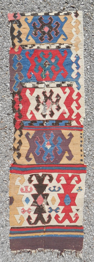 18th c. Central Anatolian kilim fragment. 15”x 48”. Fine weave with outlining. Exceptional color.                   