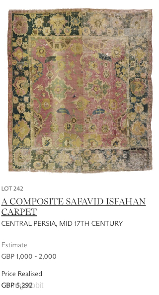 17th c. Safavid carpet fragment. Look at one just sold at Christies London for about $8000. (See pic). Mine is about 7 x 8ft. The Christies one is the same size but  ...
