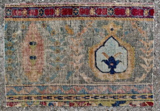 17th c. Persian Kirman carpet border fragment. 29" x 22". From the same carpet as the recently sold Dixon piece (Skinner lot 157). Equally ancient and beautiful.      
