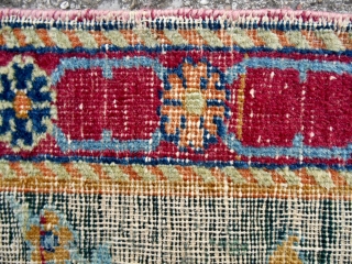 17th c. Persian Kirman carpet border fragment. 29" x 22". From the same carpet as the recently sold Dixon piece (Skinner lot 157). Equally ancient and beautiful.      