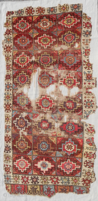 18th c. Rare "small" format Konya Cappadocia rug. Size is 45" x 93". Sourced in Turkey, cleaned and exquisitely mounted on linen.           