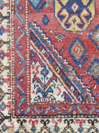 Dramatic early 19th c. NW Persian Kurdish rug fragment. New to the western market. About 3 x 4ft. All original. Excellent pile. Clean. Look at the color! Email: patrickpouler@gmail.com    