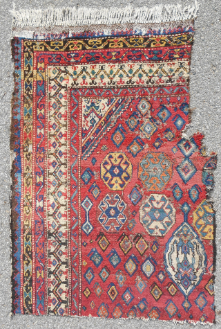 Dramatic early 19th c. NW Persian Kurdish rug fragment. New to the western market. About 3 x 4ft. All original. Excellent pile. Clean. Look at the color! Email: patrickpouler@gmail.com    