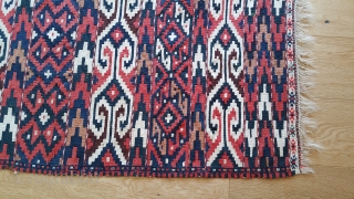 Antique Turkmen Yomud Kilim.
42 inches wide by 86 inches long.
Interlocked tapestry weave.
Small brocade band at each end.
Design elements found in other Turkmen and Uzbeki kelims and tent bands.
Sometime referred to as Bokhara  ...
