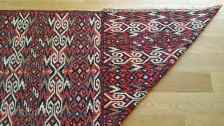 Antique Turkmen Yomud Kilim.
42 inches wide by 86 inches long.
Interlocked tapestry weave.
Small brocade band at each end.
Design elements found in other Turkmen and Uzbeki kelims and tent bands.
Sometime referred to as Bokhara  ...