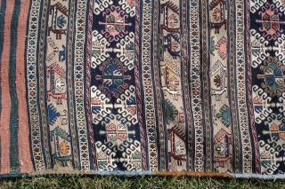 Small Shahsavan Kelim. Soumac.
Possibly a soffreh. Blue canine image is small patch.
Minor yellow stain adjacent to patch. 52 inches by 47 inches. 
          