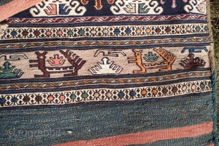 Small Shahsavan Kelim. Soumac.
Possibly a soffreh. Blue canine image is small patch.
Minor yellow stain adjacent to patch. 52 inches by 47 inches. 
          