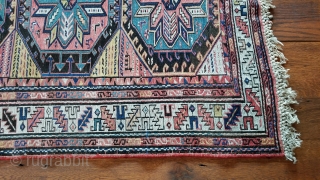 Antique Caucasian Kelim. Soumac construction.
Major design element  resembles the Lesghi Star.
Great condition–no stains, damage or repairs.
Elaborate and intact fringe. 42 inches wide by 65 inches long.

      