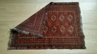 Antique Turkmen Kizil Ayak Prayer Rug.
Brown wool warp.
28 in. wide–40 in. long.
Medium, uniform pile.
Partial  loss of end borders, but main field is good.
         