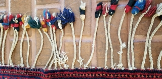 Animal trappings or cinch bands.
Pile construction.
All original tassels.
Quashgai or Bakhtiari.
Found in southwest Persia (Shiraz).
Lengths are 65 inches and 56 inches.
             