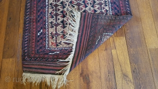 Baluchi prayer rug.
Stylized trees in hand panels.
Camel hair field.
Retains striped kelim aprons.
Minor oxidation loss of black colour.
39” wide by 77” long.
            