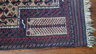 Baluchi prayer rug.
Stylized trees in hand panels.
Camel hair field.
Retains striped kelim aprons.
Minor oxidation loss of black colour.
39” wide by 77” long.
            