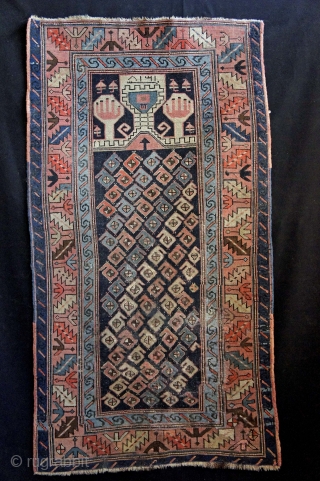Caucasian, Gendje? antique old prayer rug
written on upper side and translated 1941  
145x80 cm. Sold thanks!
                