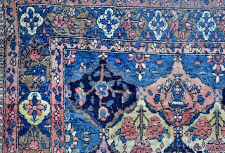 Old Bakhtiari rug. It has a line of abrash and a small tear in the middle. Supple wool and very nice, saturated colors, difficult to get them photographed correctly. 
The rug has  ...