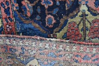 Old Bakhtiari rug. It has a line of abrash and a small tear in the middle. Supple wool and very nice, saturated colors, difficult to get them photographed correctly. 
The rug has  ...